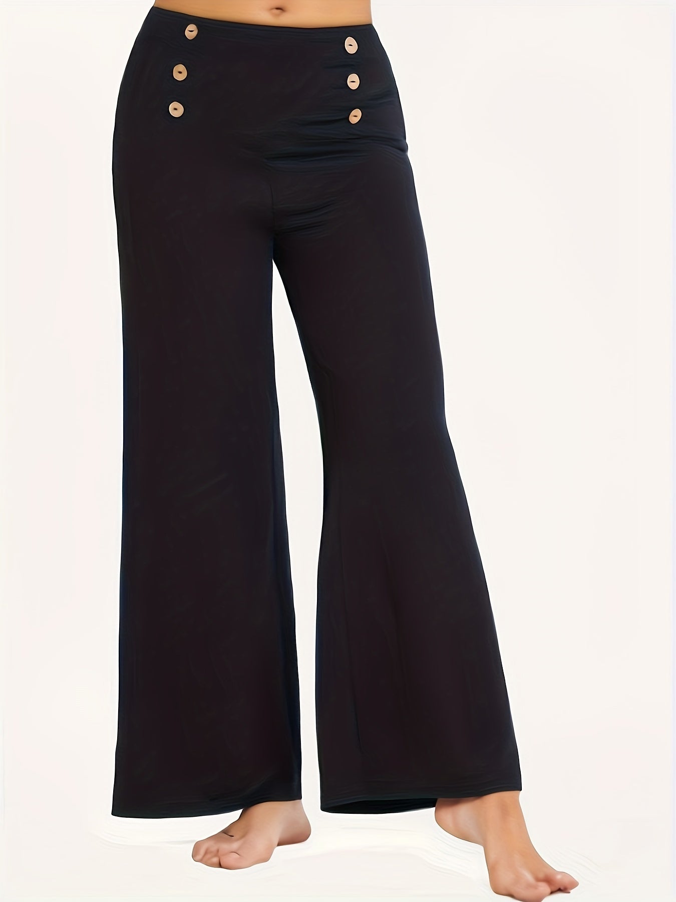  High Rise Flared Leg Trousers with Button Decor