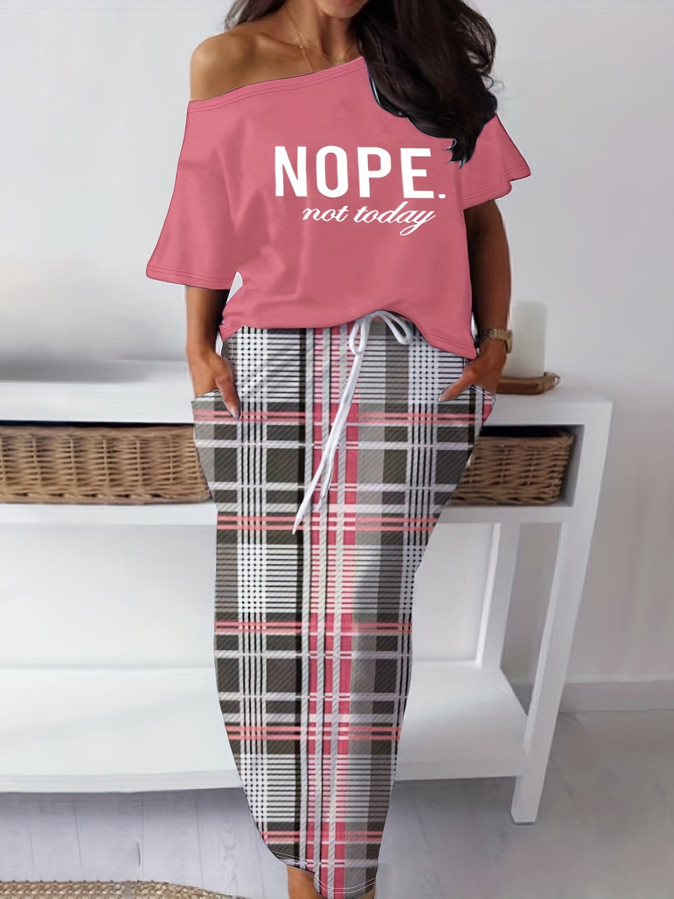  Slogan Print One Shoulder Top & Plaid Print Maxi Skirt Set