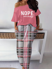  Slogan Print One Shoulder Top & Plaid Print Maxi Skirt Set