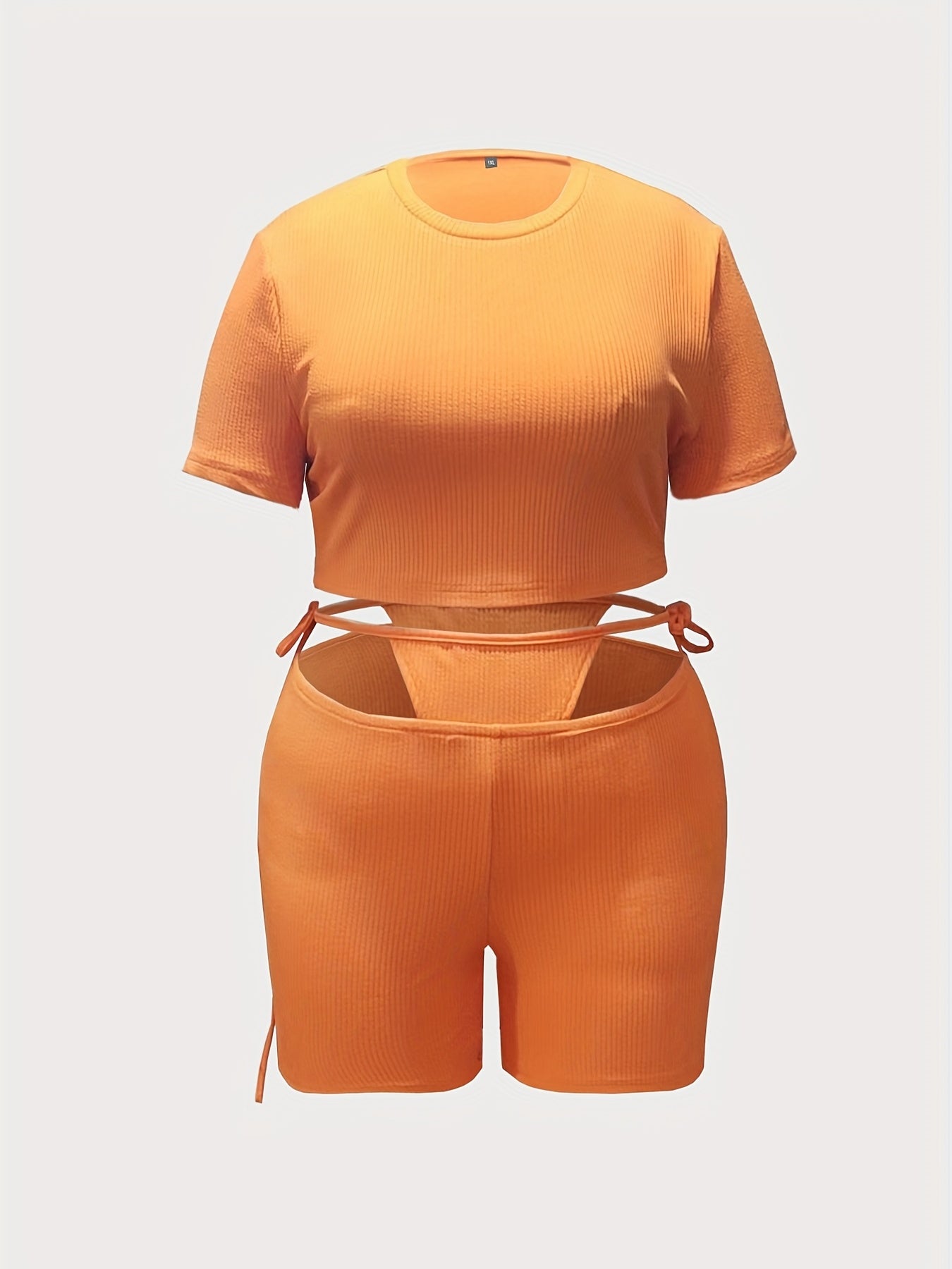  Ribbed Crop Top & Cut Out Tie Shorts Set
