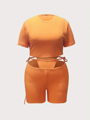  Ribbed Crop Top & Cut Out Tie Shorts Set