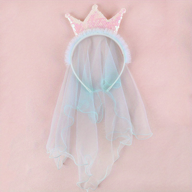 Sequin Crown Headband with Hair Veil for Kids Girls Headdress