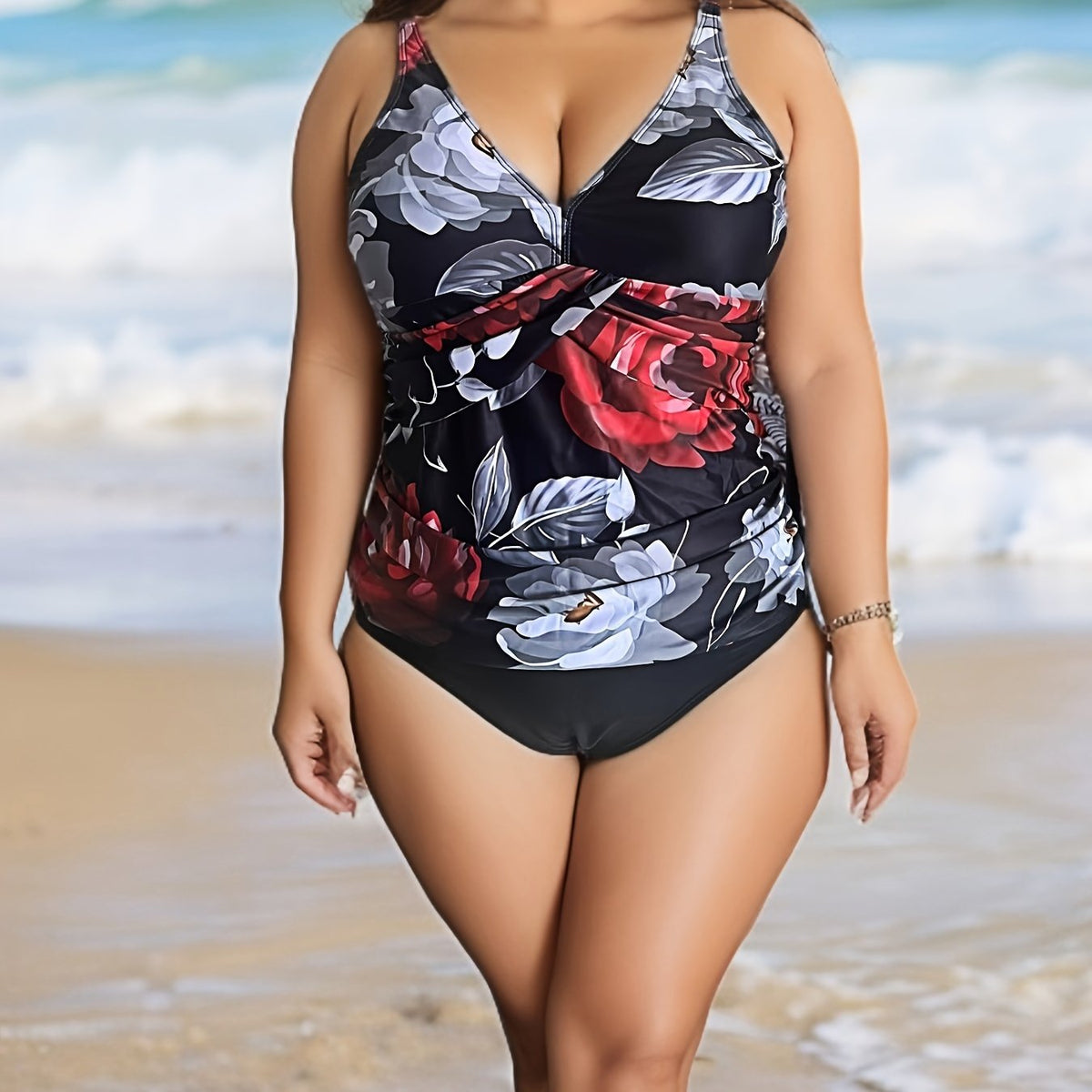  Floral Print V Neck Cami Top & Panty Bathing Suit 2 Piece Set