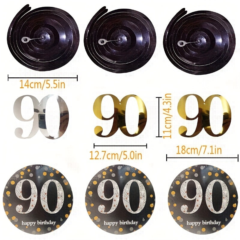 12pcs 90th Birthday Hanging Swirl Decorations - Foil Streamers Ceiling Whirls