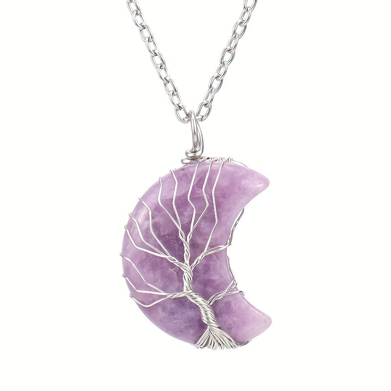 Moon Necklace Fortune Tree Natural Stone Amethyst Pendant