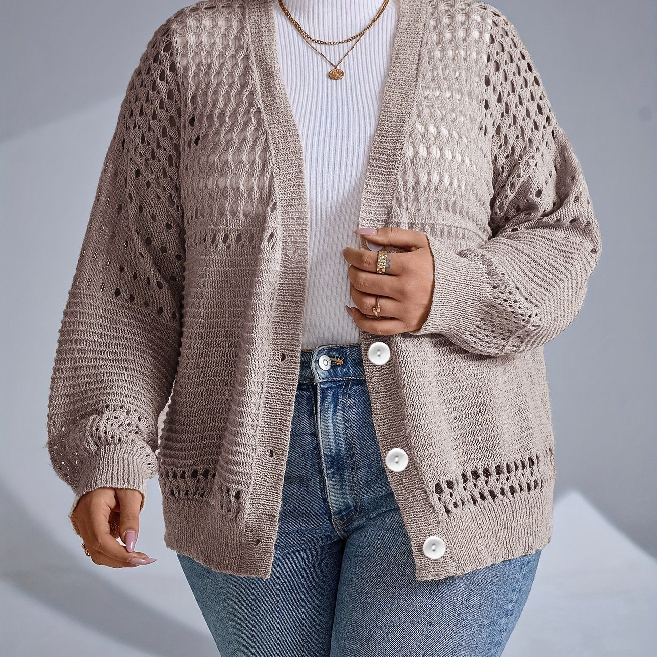  Casual Cardigan Women's Plus Hollow Out Long Sleeve Button Up Sweater