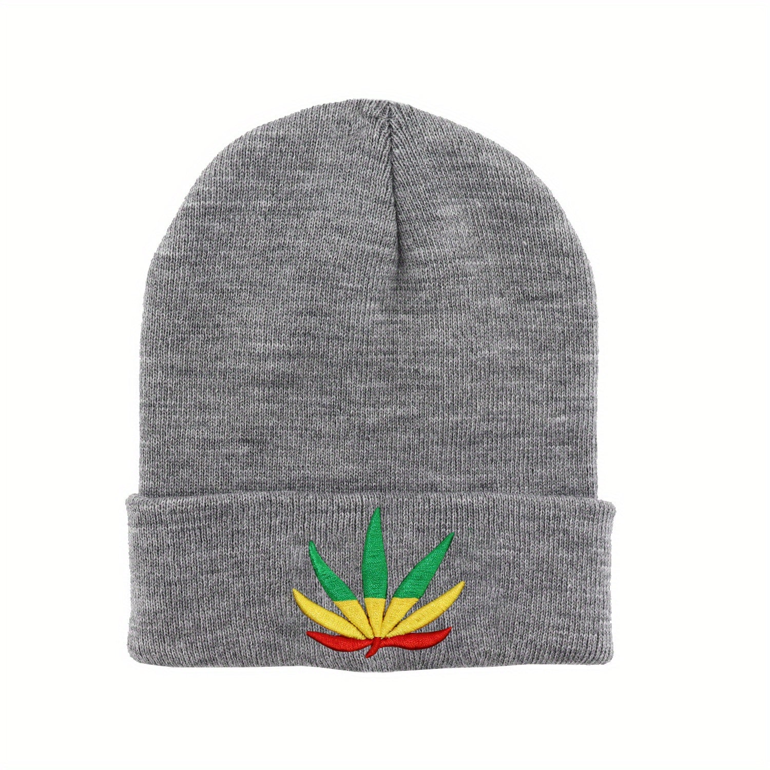 Leaf Embroidery Beanie Unisex Solid Knit Hat Warm Skull Cap