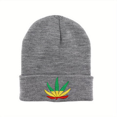Leaf Embroidery Beanie Unisex Solid Knit Hat Warm Skull Cap