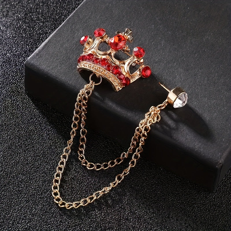Men's Wedding Crystal Crown Brooch Tassel Chain Lapel Pin Suit Accessory