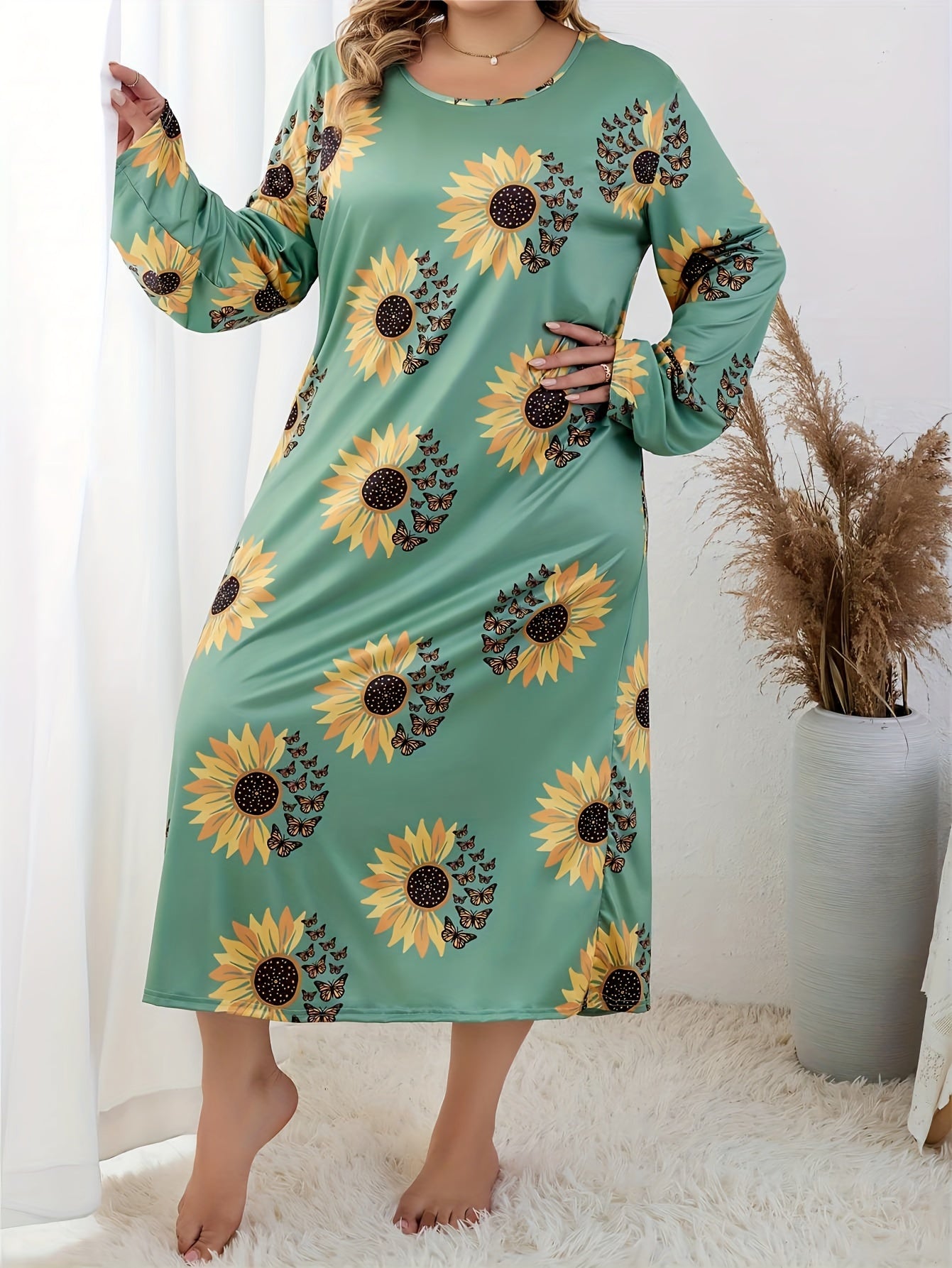  Sunflower & Butterfly Print Long Sleeve T-shirt Dress