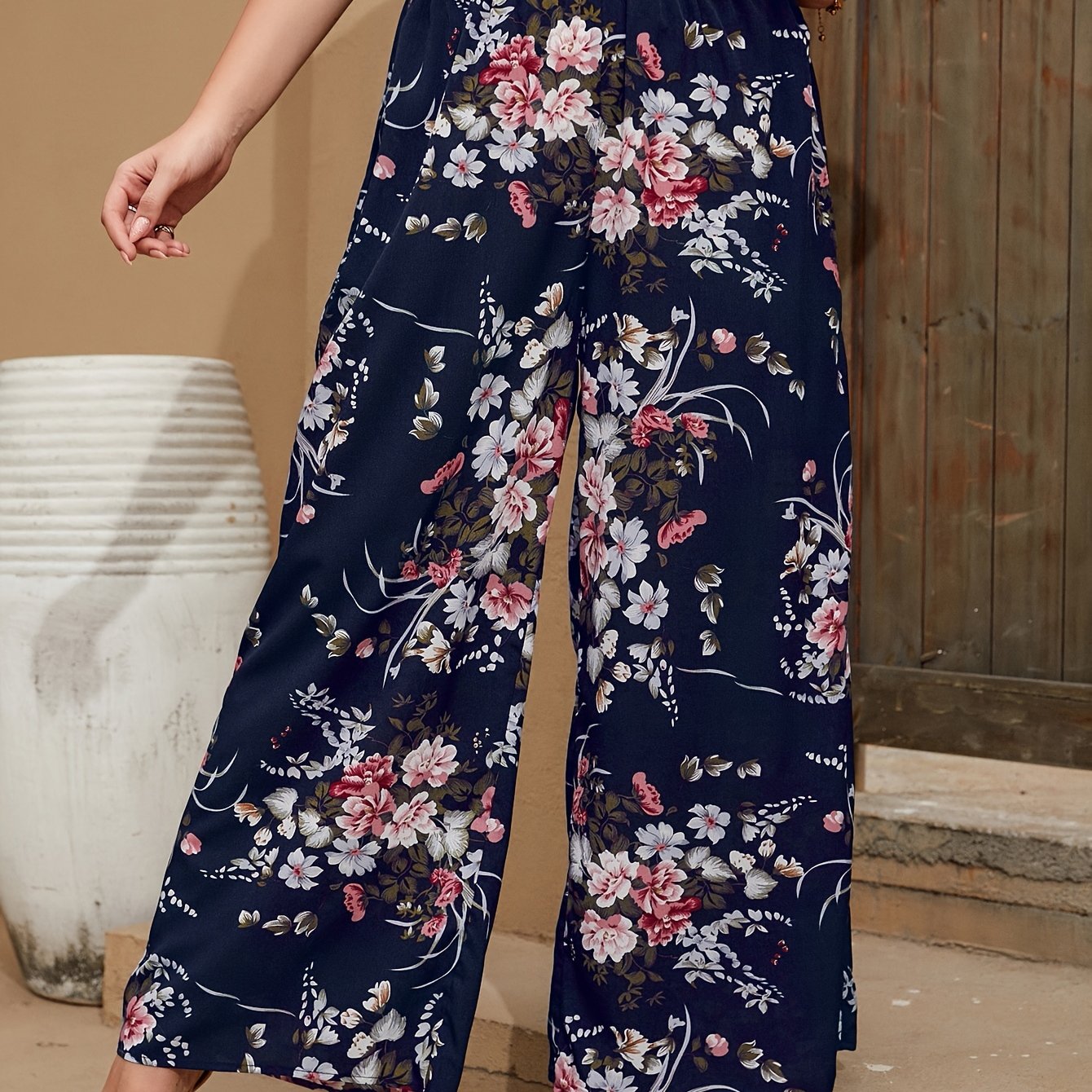  Boho Pants Women's Plus Floral Print Wide Leg Pants