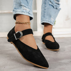 Women's Pointed Toe V-cut Loafers with Metal Buckle Strap