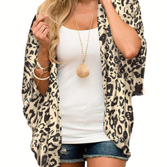Leopard Print Cover Up Shirt V Neck Loose Fit Long Sleeves Beachwear