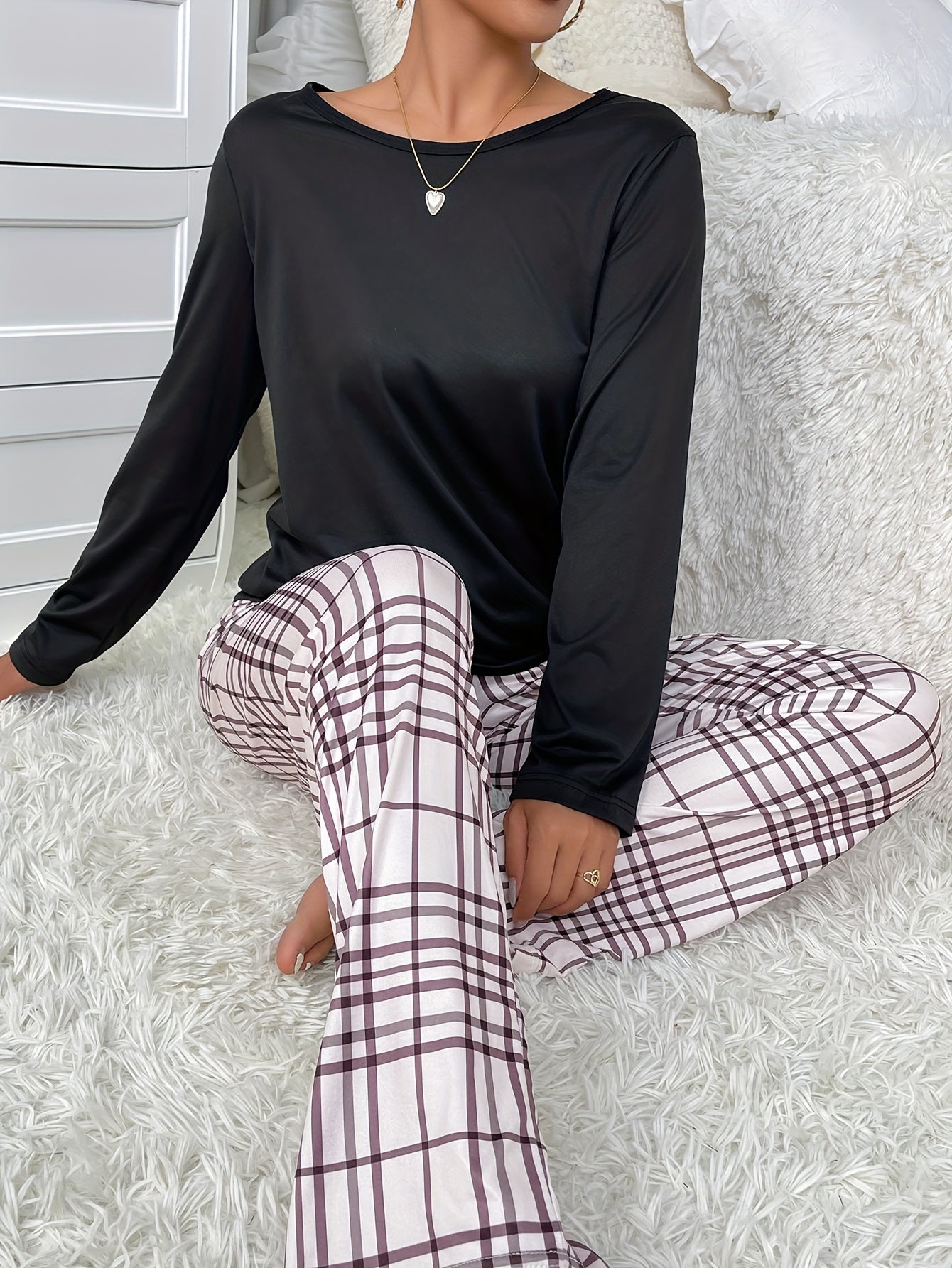 Plaid Print Pajama Set Long Sleeve Top & Pants Women's Sleepwear