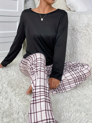 Plaid Print Pajama Set Long Sleeve Top & Pants Women's Sleepwear