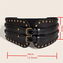 Vintage Punk Rivet Wide Belt Double Pin Buckle Waistband for Women