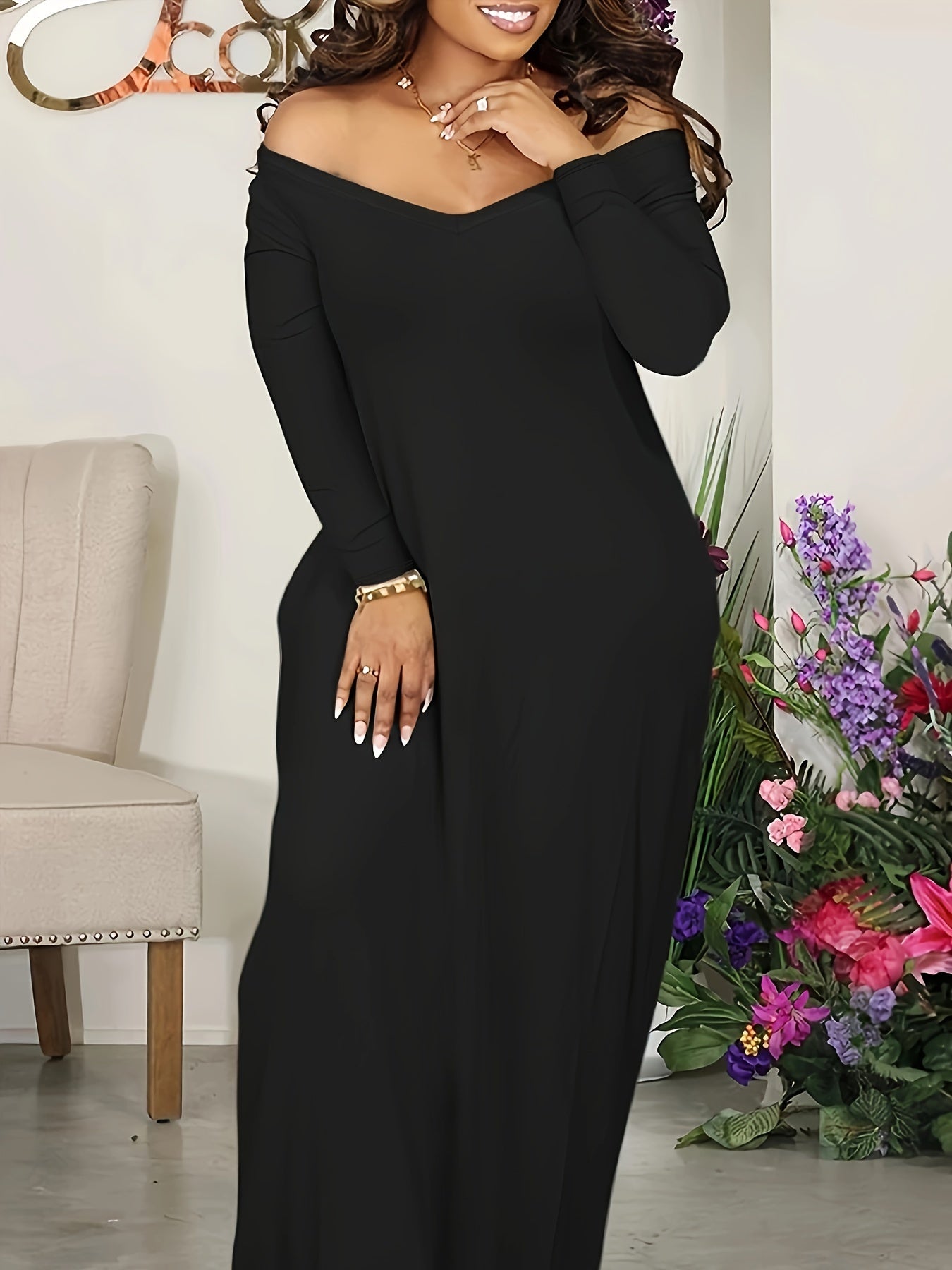  Solid Long Sleeve Off Shoulder Maxi Dress With Pockets