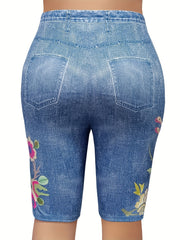 Women's Plus Floral & Denim Print High Rise Skinny Shorts