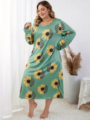  Sunflower & Butterfly Print Long Sleeve T-shirt Dress