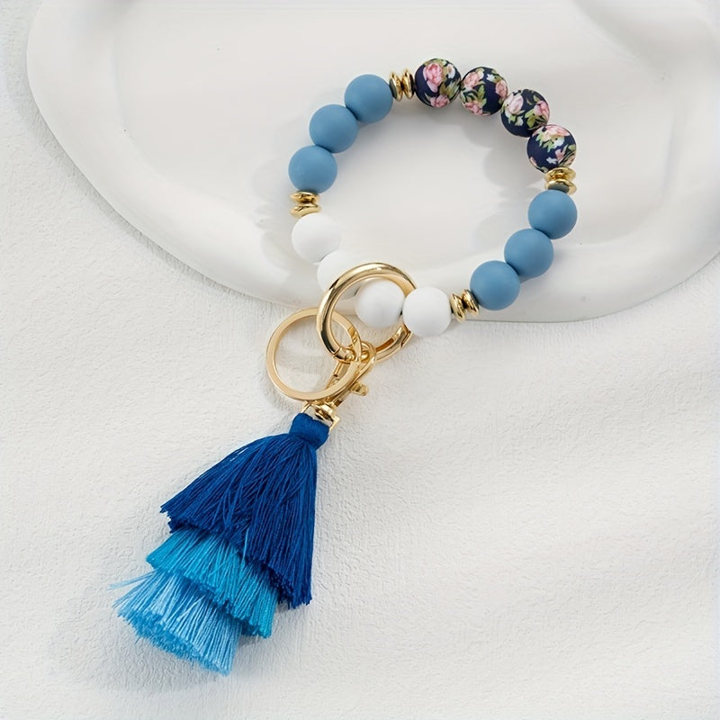 Vintage Silicone Beads Bracelet Key Ring For Girls Child Tassel Keychain Pendant