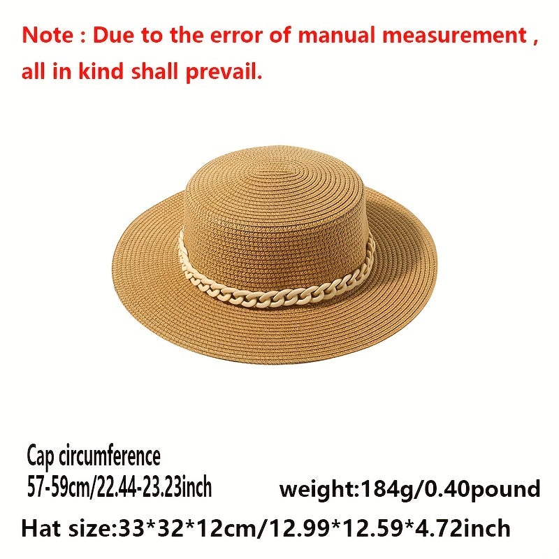 Flat Top Straw Fedora Cap with Detachable Chain - British Jazz Hats for Women