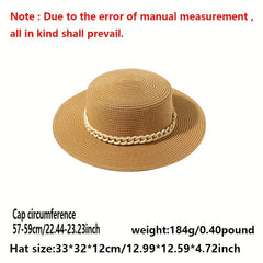 Flat Top Straw Fedora Cap with Detachable Chain - British Jazz Hats for Women
