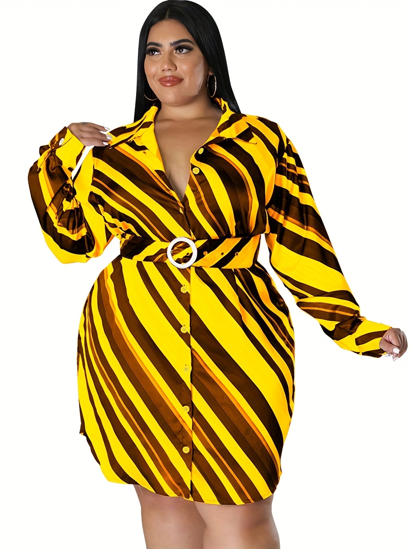  Strip Print Lapel Collar Belted Mini Dress