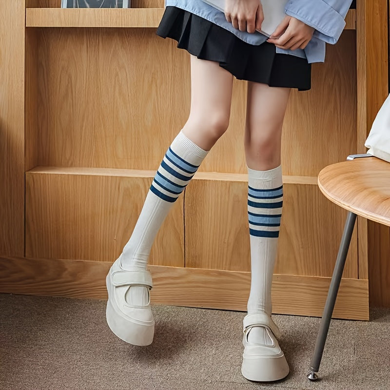 3 Pairs Striped Calf Socks Knee High Women's Stockings
