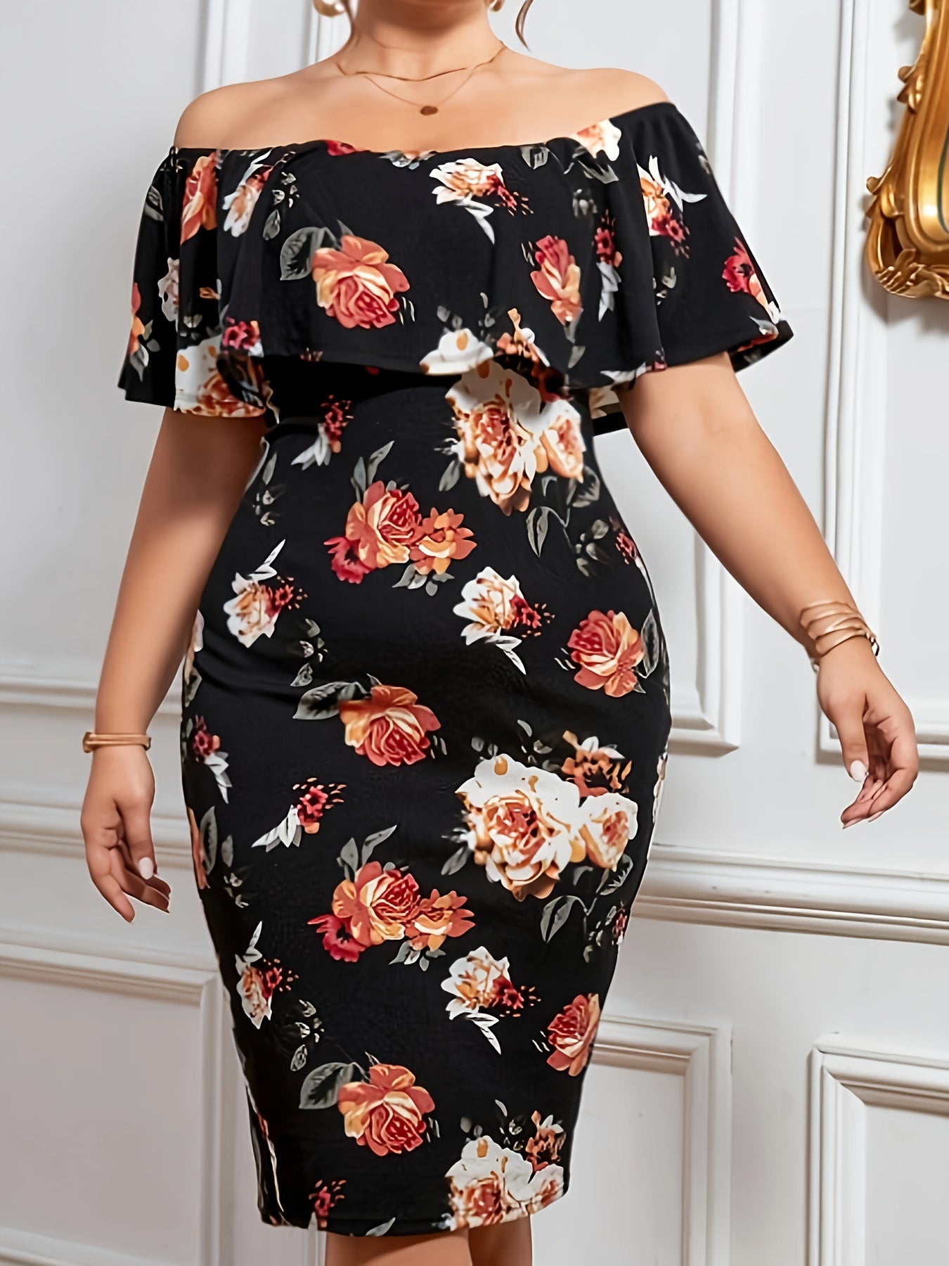  Floral Print Off Shoulder Midi Dress