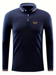 Men's Geometry Print Long Sleeve Polo Shirt Casual Slightly Stretch Breathable