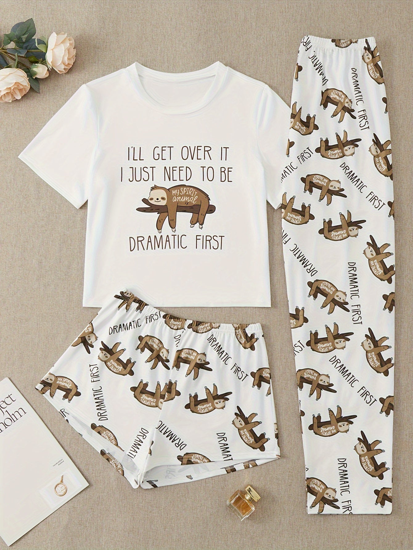 Sloth Print Pajama Set Short Sleeve Crew Neck Top & Shorts Women's Sleepwear