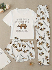 Sloth Print Pajama Set Short Sleeve Crew Neck Top & Shorts Women's Sleepwear