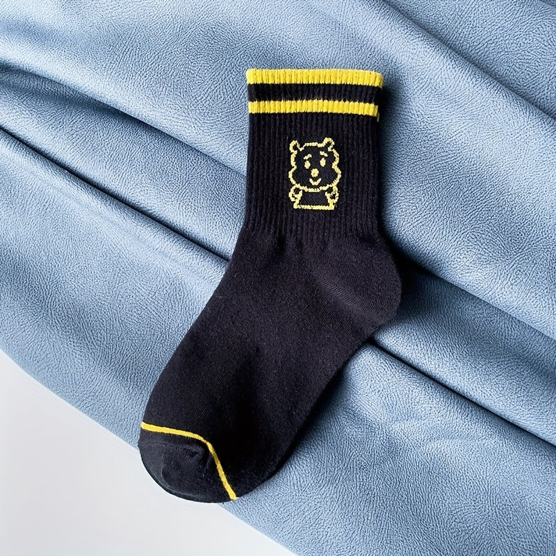 5 Pairs Cartoon Bear Print Socks & Striped Crew Socks Women's Stockings