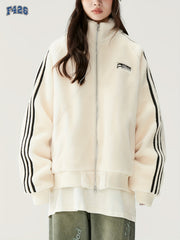 Graphic Stand up Collar Teddy Coat Zip Front Jacket