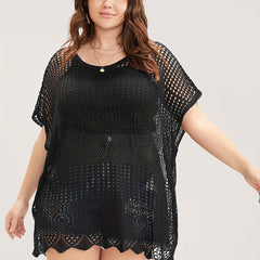 Plus Size Casual Knit Top Women's Plus Solid Hollow Out Bat Sleeve