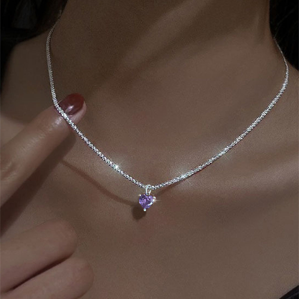 Heart Shape Pendant Necklace Sparkly Chain Sweet Neck Jewelry