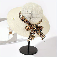 Daisy Embroidery Sun Hat Leopard Ribbon Bow