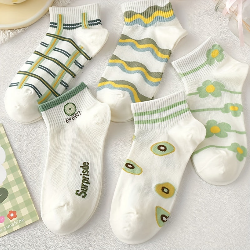 5 Pairs Floral Striped Socks Women's Stockings