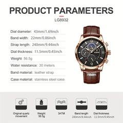 LIGE Men Watches Leather Waterproof Luminous Quartz Wristwatch