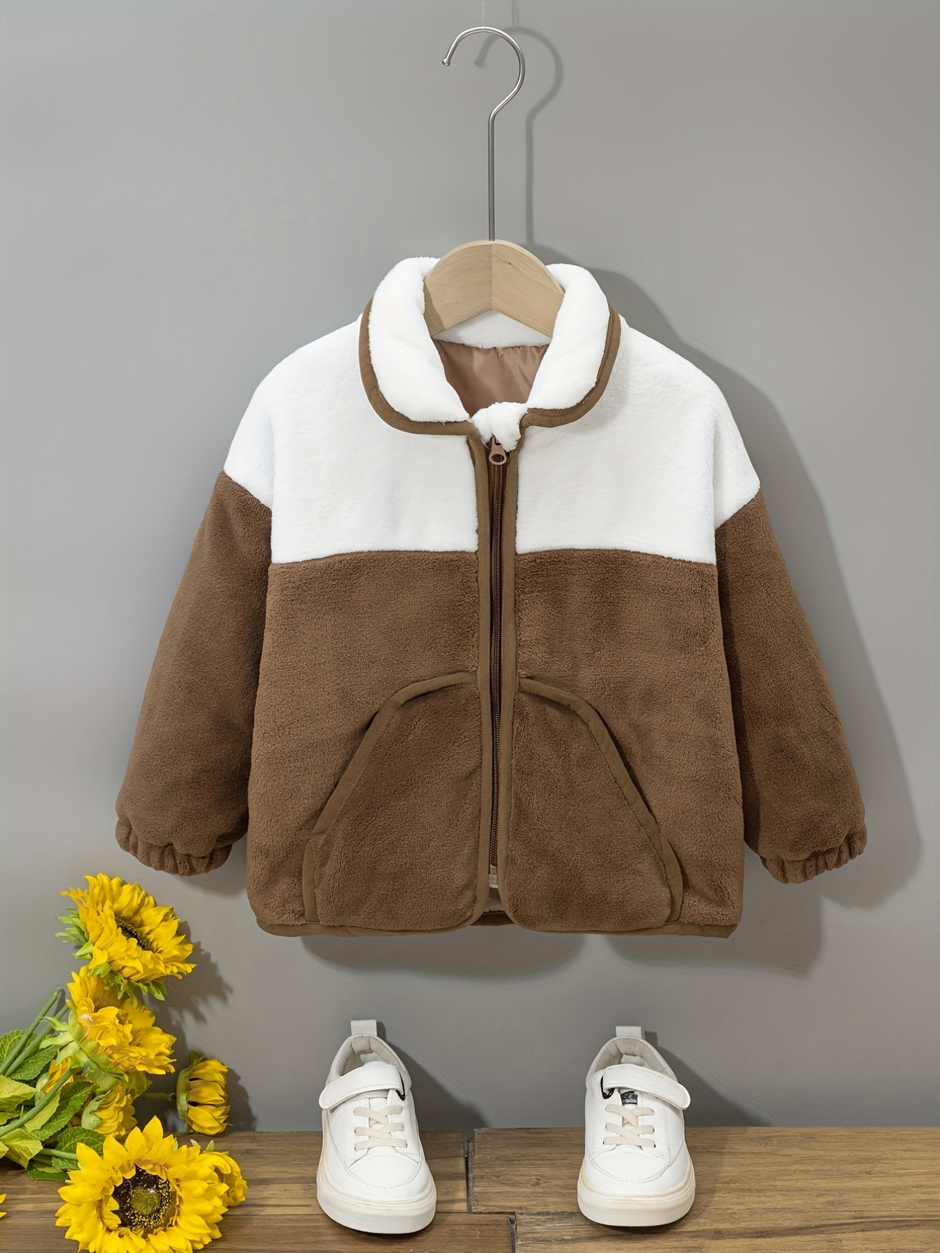 Boy's Casual Block Fleece Jacket Zip Up Lapel Jacket