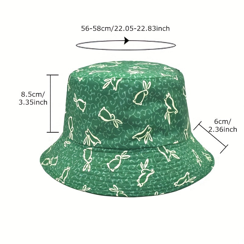 Green Rabbit Print Reversible Sunscreen Basin Hat Casual Fisherman Cap