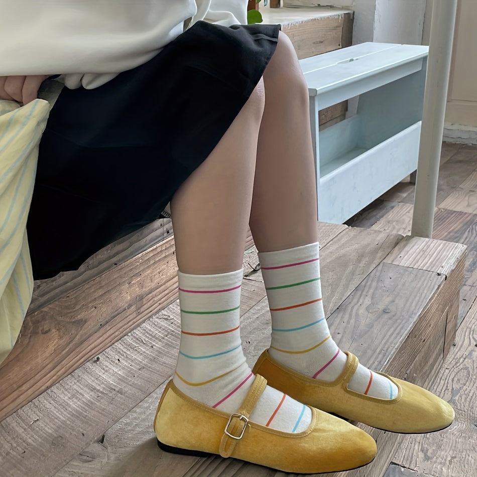 3 Pairs Polka Dot & Striped Socks Women's Mid Tube Socks