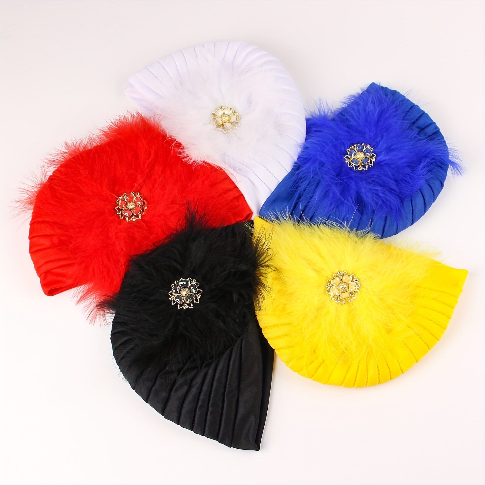 Faux Pearl Feather Turban Cap Bright Beanie Women Elastic Head Wrap