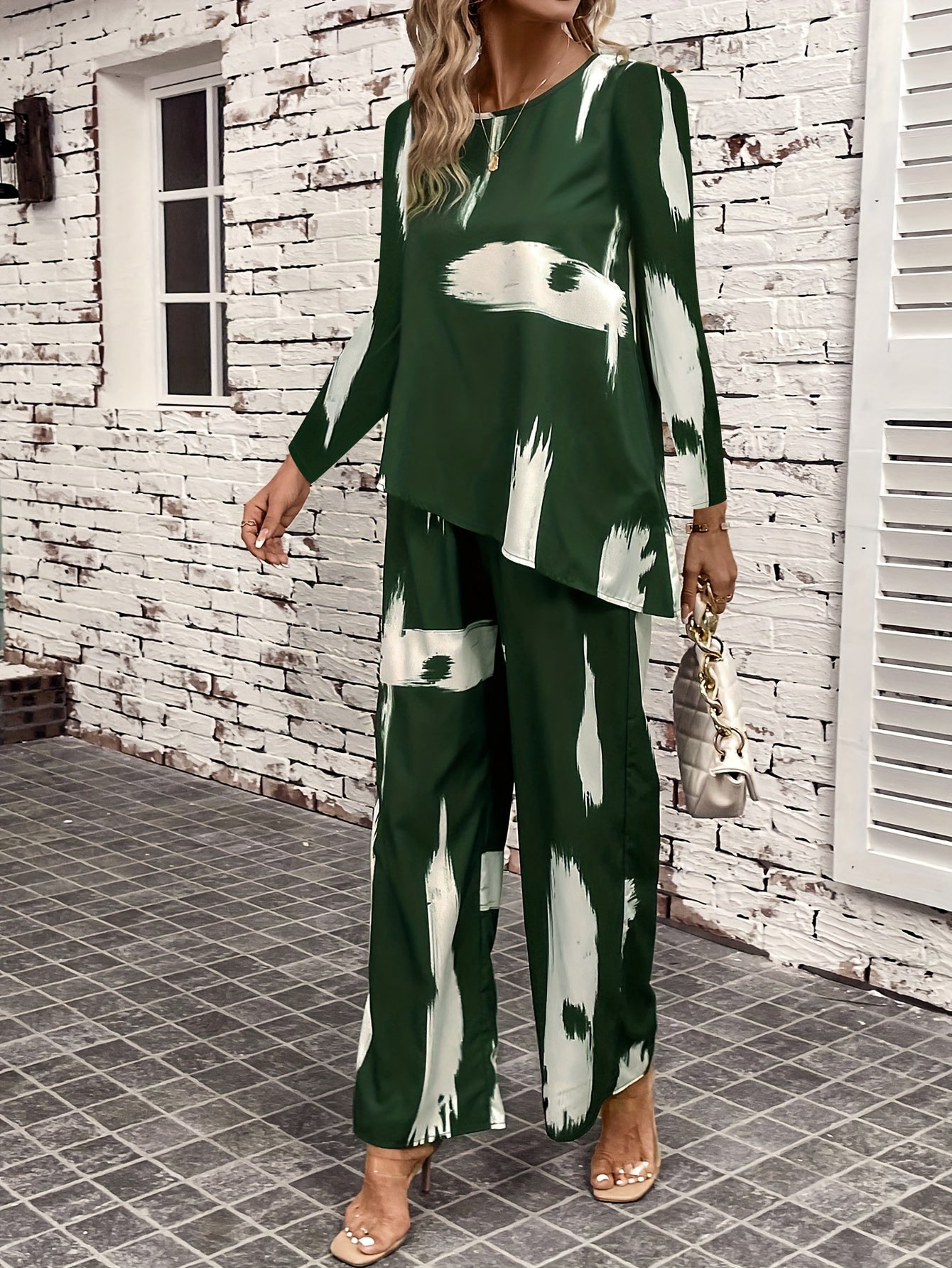  Brush Print Top & Wide Leg Pants 2 Piece Set