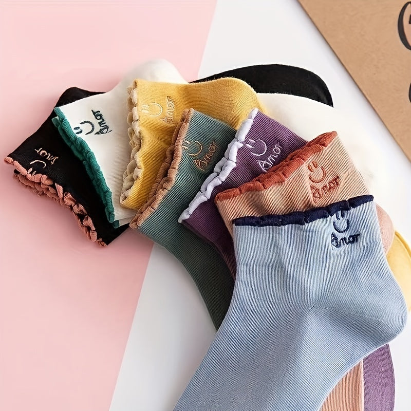 7 Pairs Smiling Print Socks Comfy & Short Socks Women's Stockings
