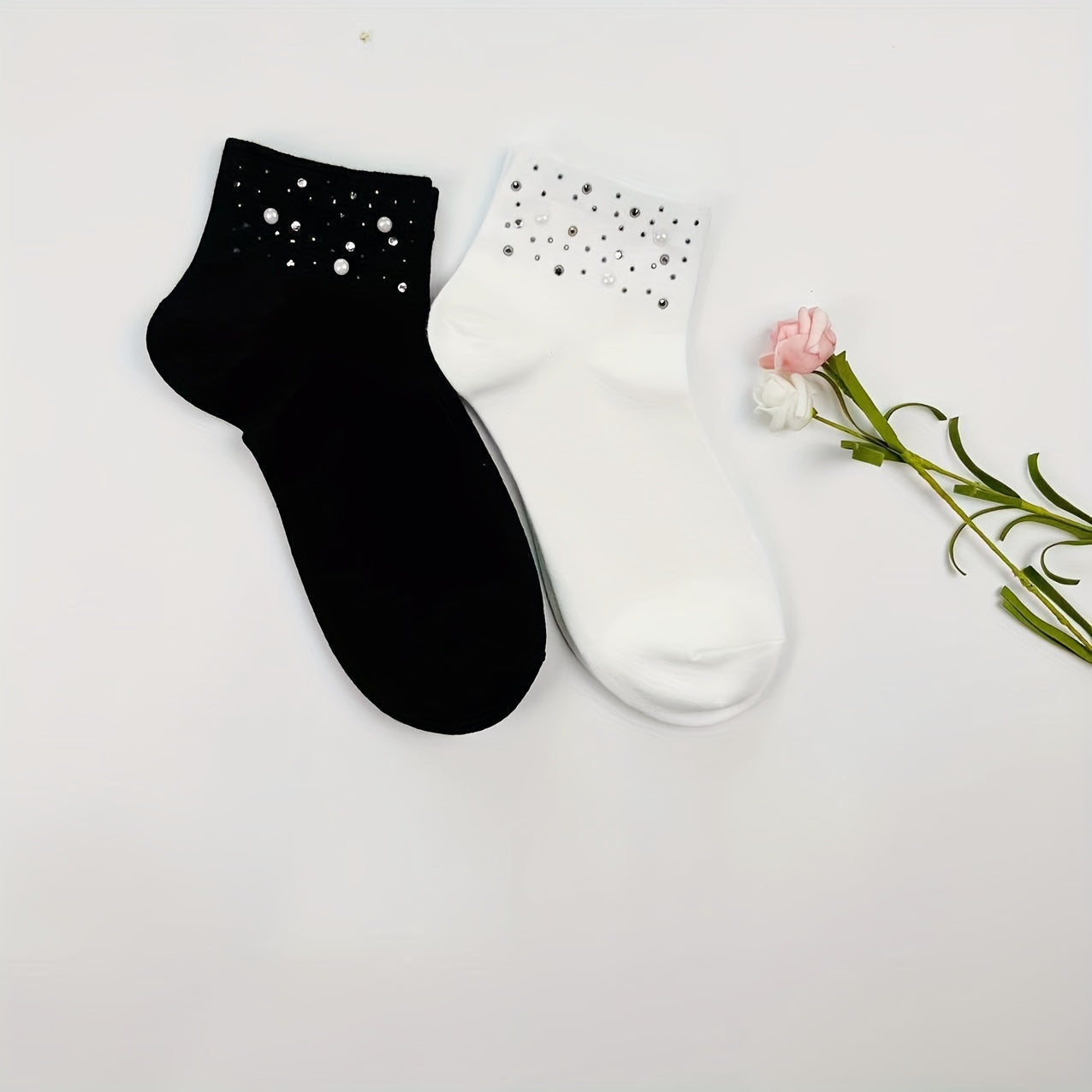 5 Pairs Rhinestone Crew Short Socks Women's Stockings