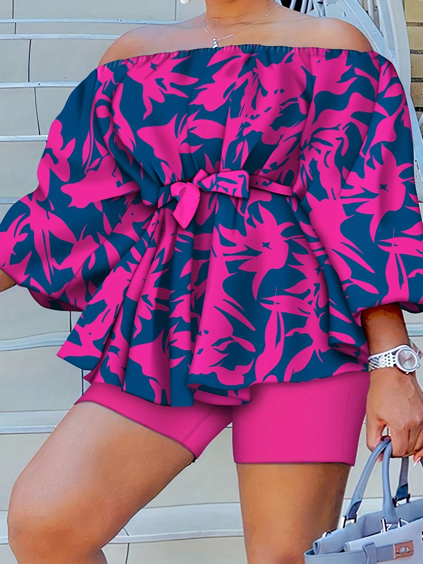  Allover Print Off Shoulder Top & Shorts Set