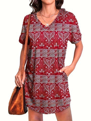  Paisley Print V Neck Tee Dress With Pockets