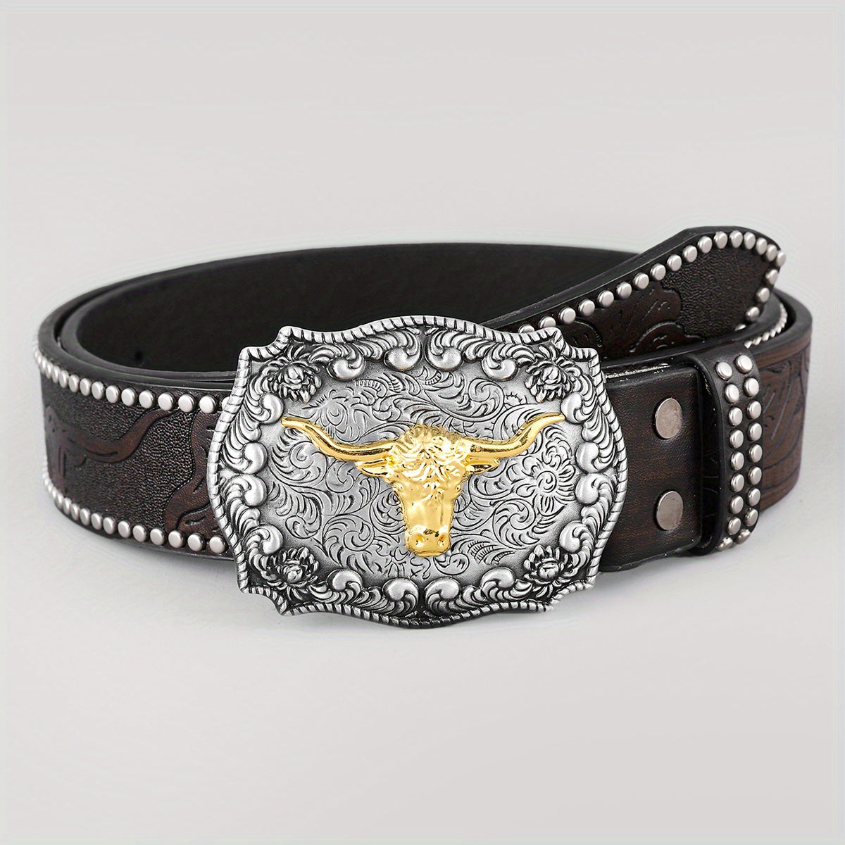 Cattle Head Pattern Western Cowboy Leather Belt