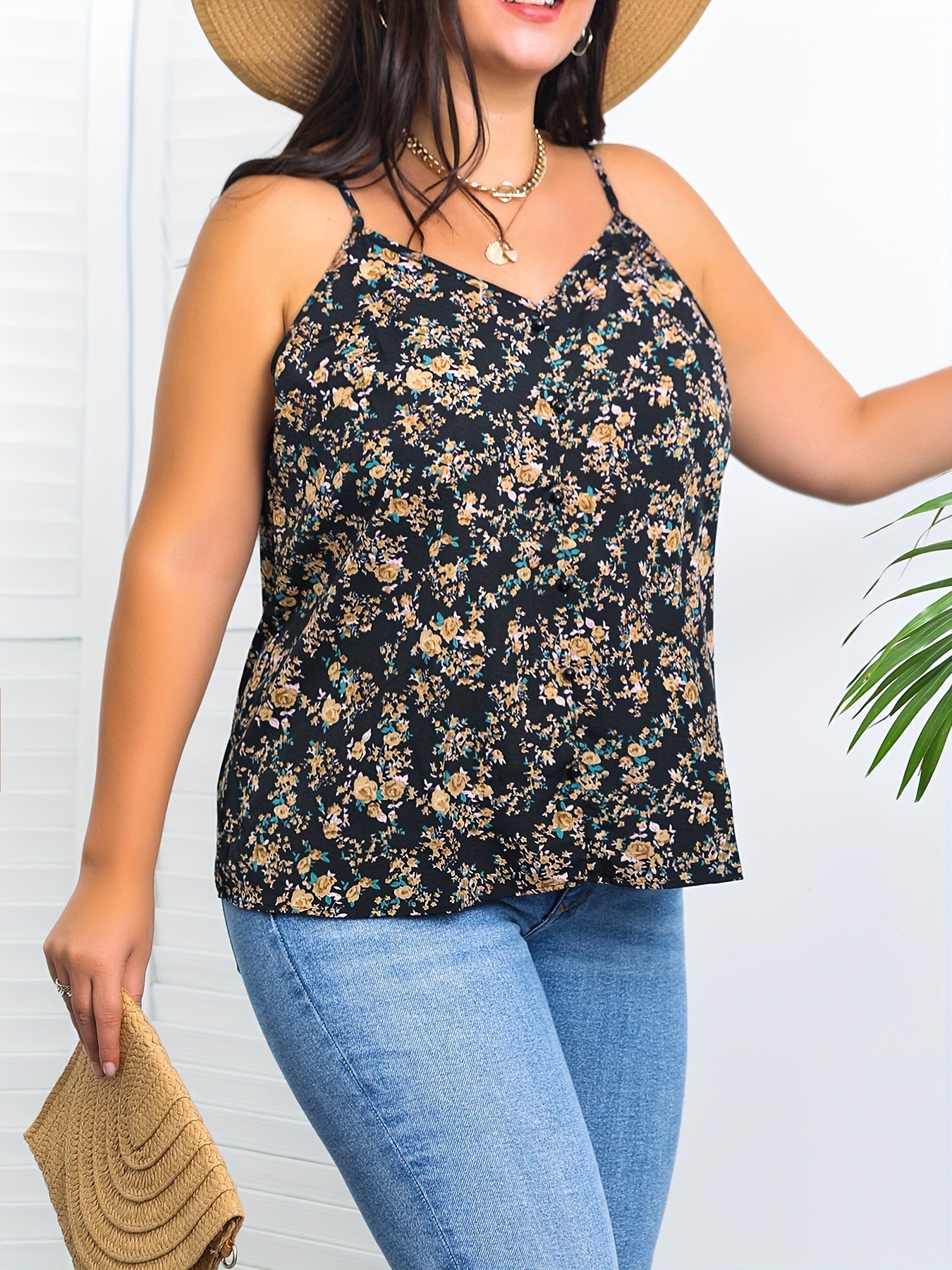  Boho Cami Top Ditsy Print V Neck Backless Beachwear Summer